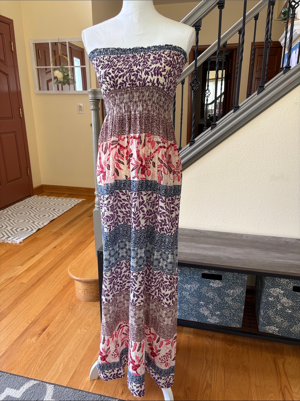 Forever 21 Cream, Purple, Brown & Blue Tiered Strapless Maxi Dress Size Small